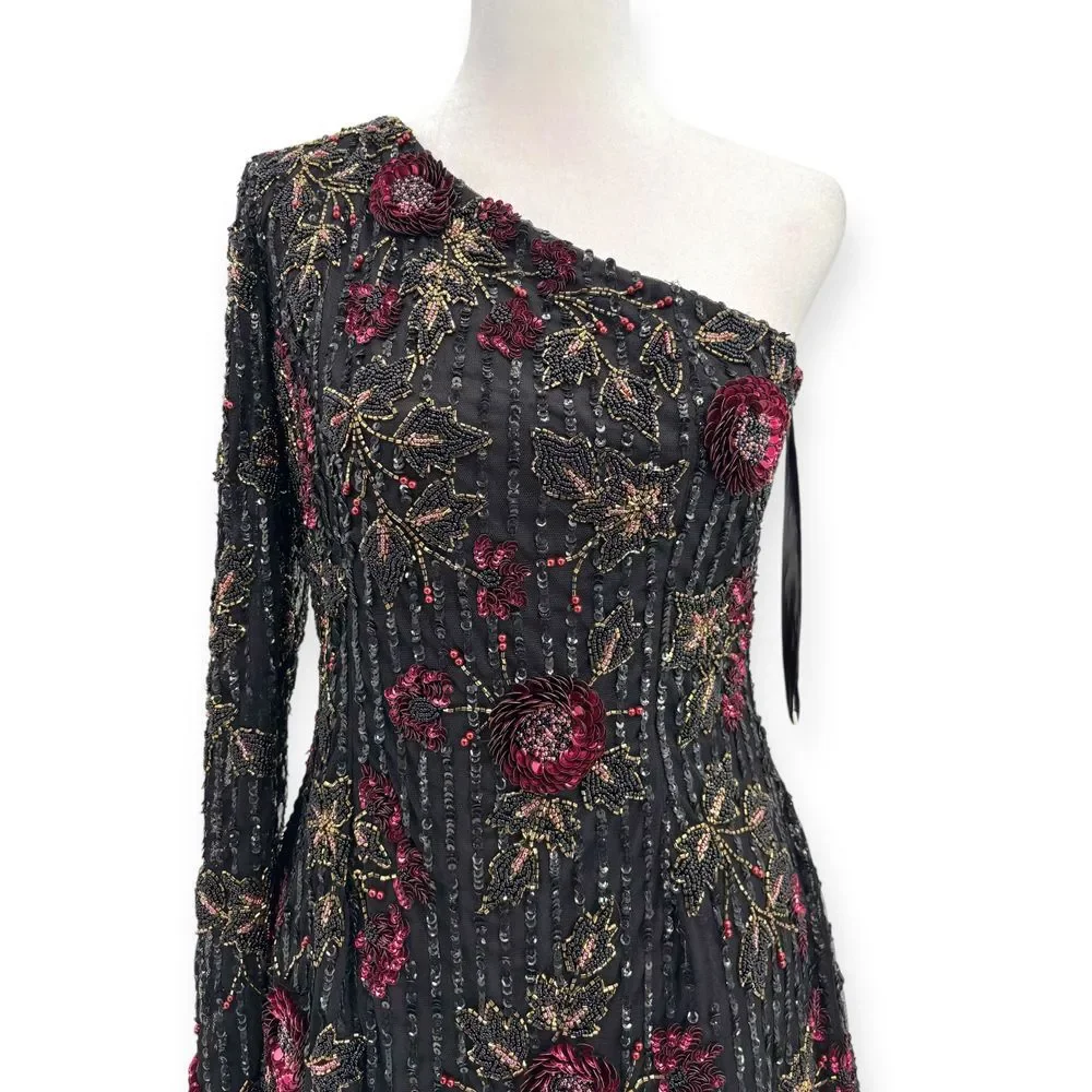 Mac Duggal NEW Black One Shoulder Floral Leaf Embellished Mini Dress $558 Size 6